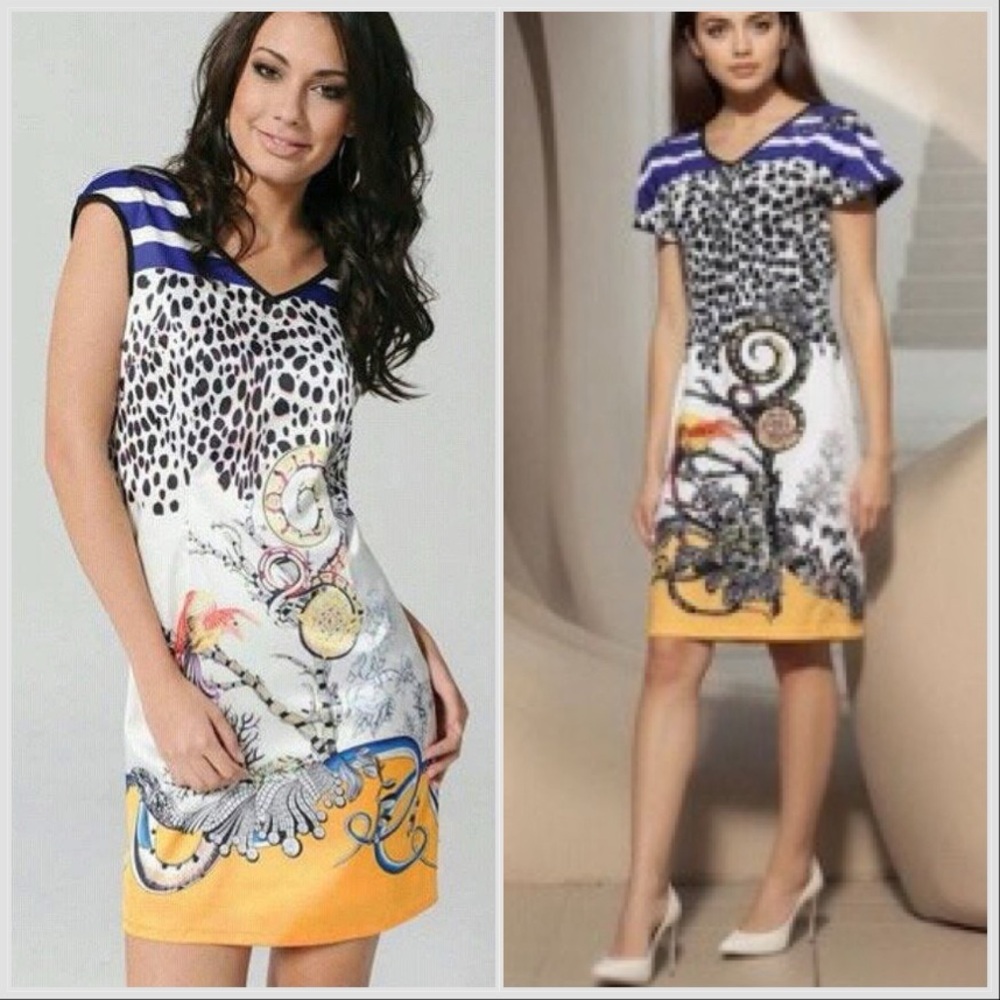 Roberto Cavalli V Neck Snake Bird Floral Pattern Jersey Fitted Mini Dress Sz M
